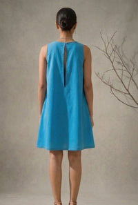 Amara -Teal Blue Hand-Embellished Floral Appliqué Cotton Poplin Dress