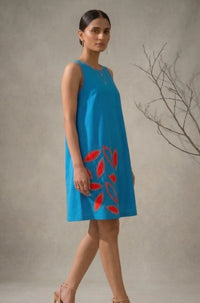 Amara -Teal Blue Hand-Embellished Floral Appliqué Cotton Poplin Dress