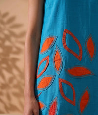 Amara -Teal Blue Hand-Embellished Floral Appliqué Cotton Poplin Dress