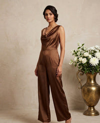 Vesper - Brown Tailored Imported Satin Jumpsuit