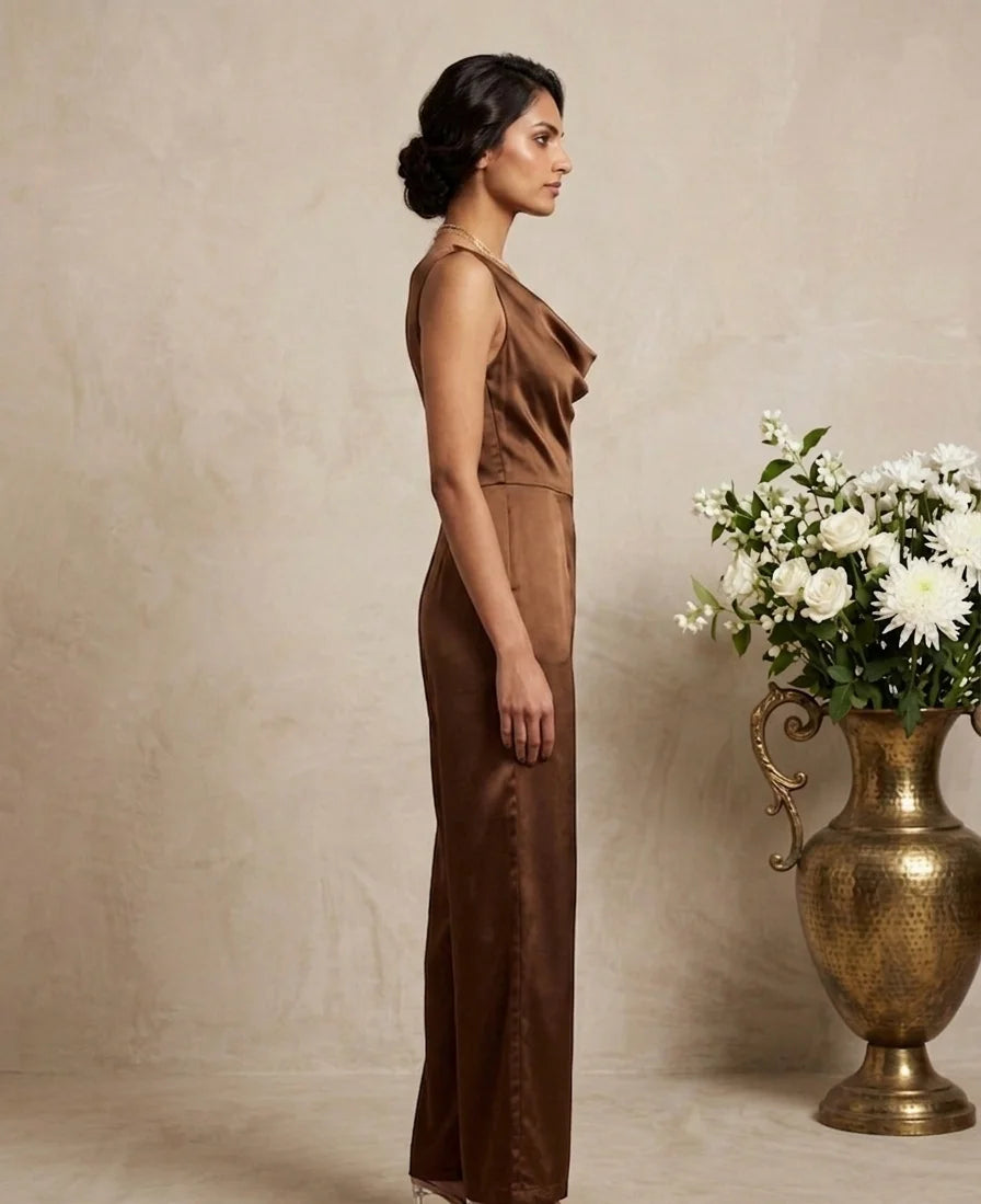 Vesper - Brown Tailored Imported Satin Jumpsuit