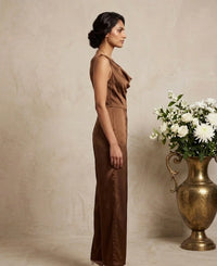 Vesper - Brown Tailored Imported Satin Jumpsuit