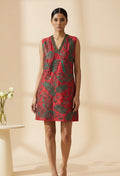 Viva - Red Hand-Embroidered Botanical Chanderi Cotton Mini Dress