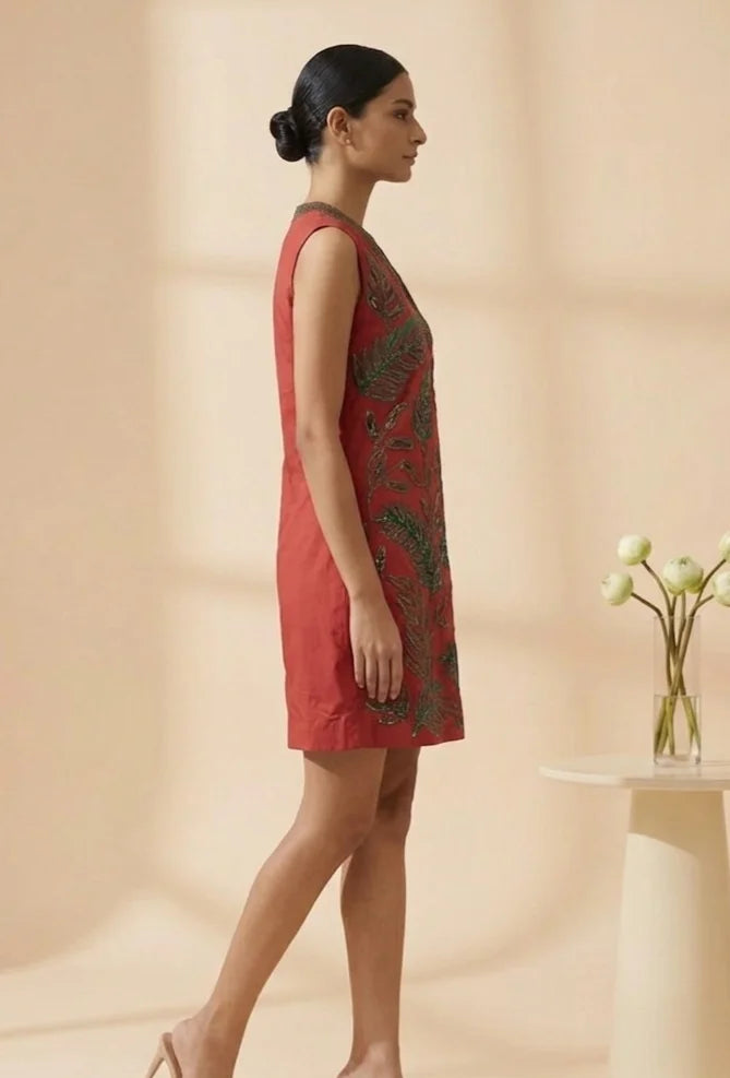Viva - Red Hand-Embroidered Botanical Chanderi Cotton Mini Dress
