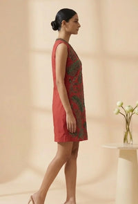 Viva - Red Hand-Embroidered Botanical Chanderi Cotton Mini Dress
