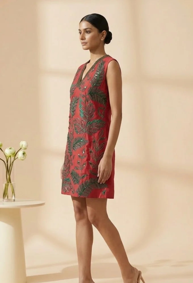 Viva - Red Hand-Embroidered Botanical Chanderi Cotton Mini Dress