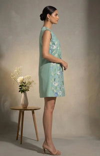 Elowen - Sage Green Embroidered Chanderi Cotton Mini Dress