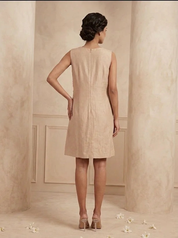 Fleur - Beige Hand-Embellished Floral Appliqué Chanderi Cotton Mini Dress