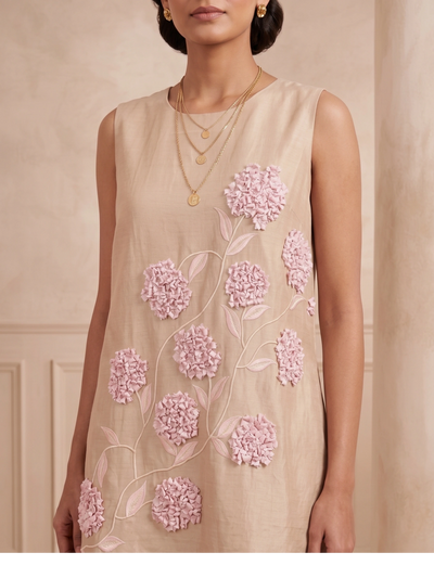 Fleur - Beige Hand-Embellished Floral Appliqué Chanderi Cotton Mini Dress