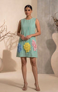Aveline - Sage Green Hand-Embellished Floral Appliqué Chanderi Cotton Tunic Dress