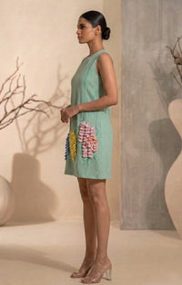 Aveline - Sage Green Hand-Embellished Floral Appliqué Chanderi Cotton Tunic Dress