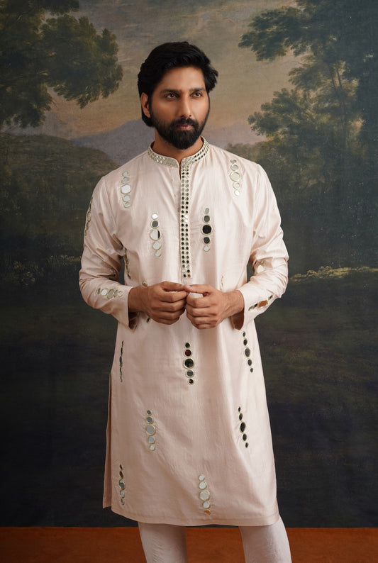 Beige hand embroidered Mirror Work Kurta with Matching Pant image 0
