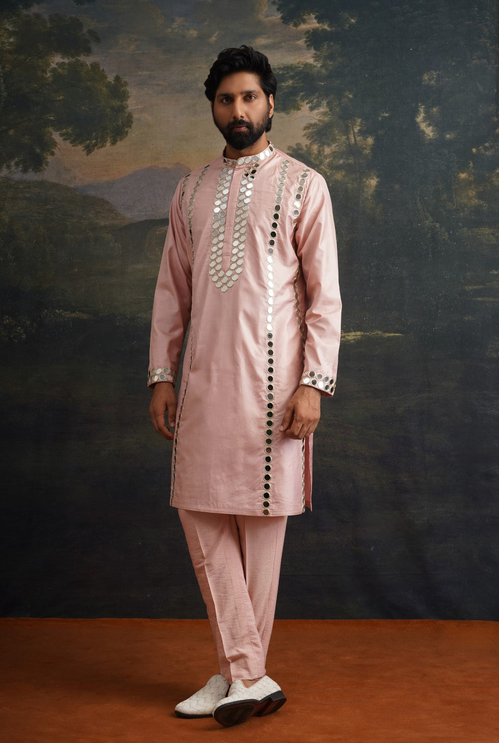 Clay pink full hand embroidered mirror work kurta set image 4