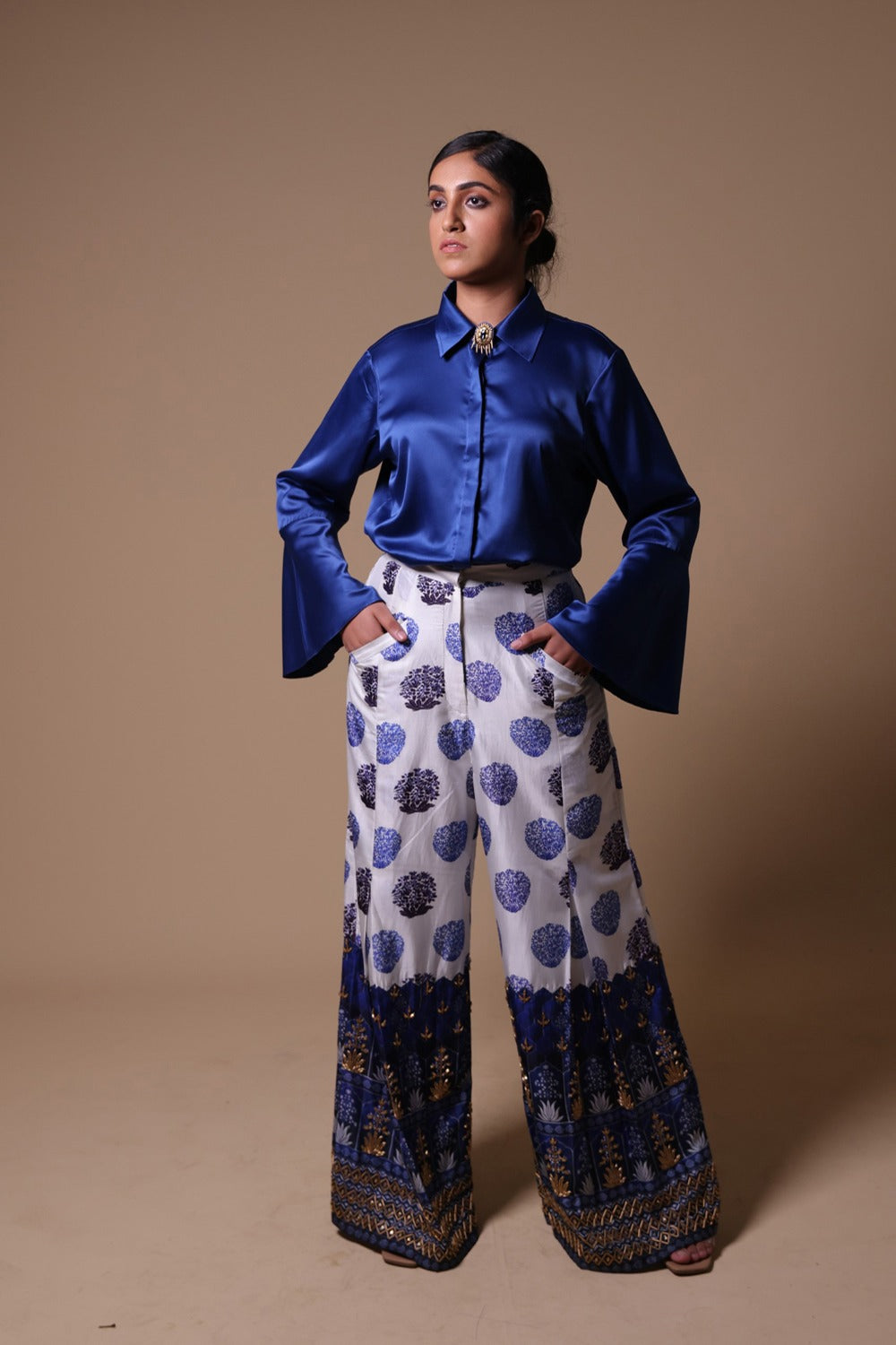 Hand Embroidered Flared Pants With Shirt image 0