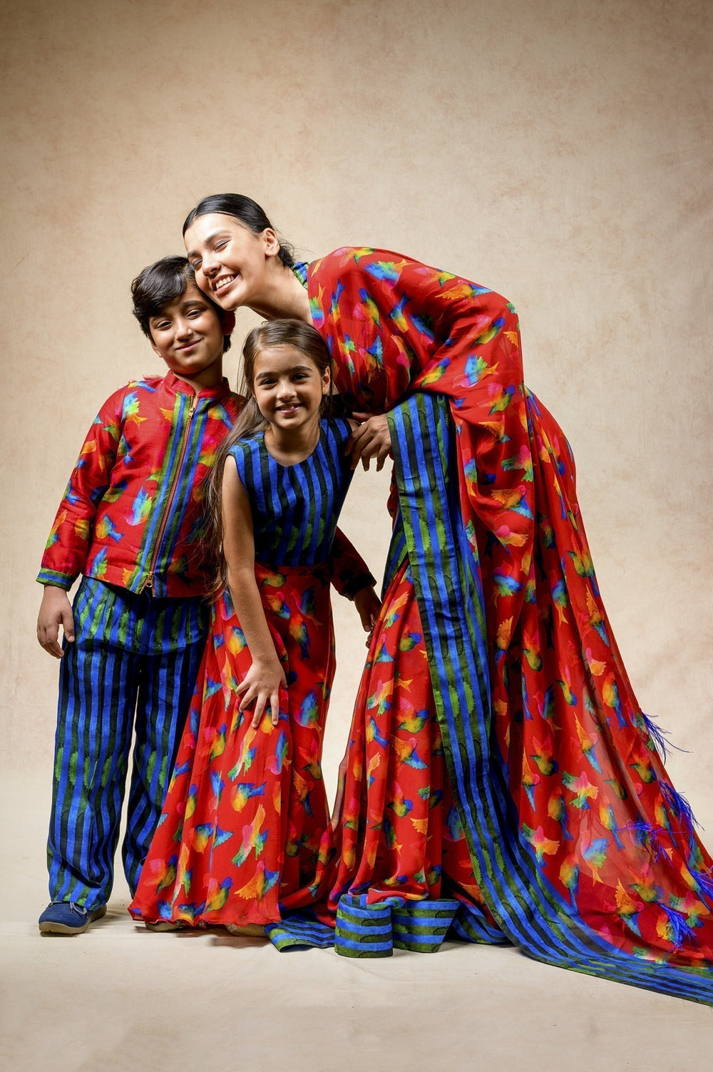 Birds print hand embroidered twinning set for Mom + Daughter + Son image 30