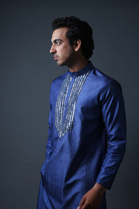 Frost grey gold fully hand embroidered mirror kurta set image 4