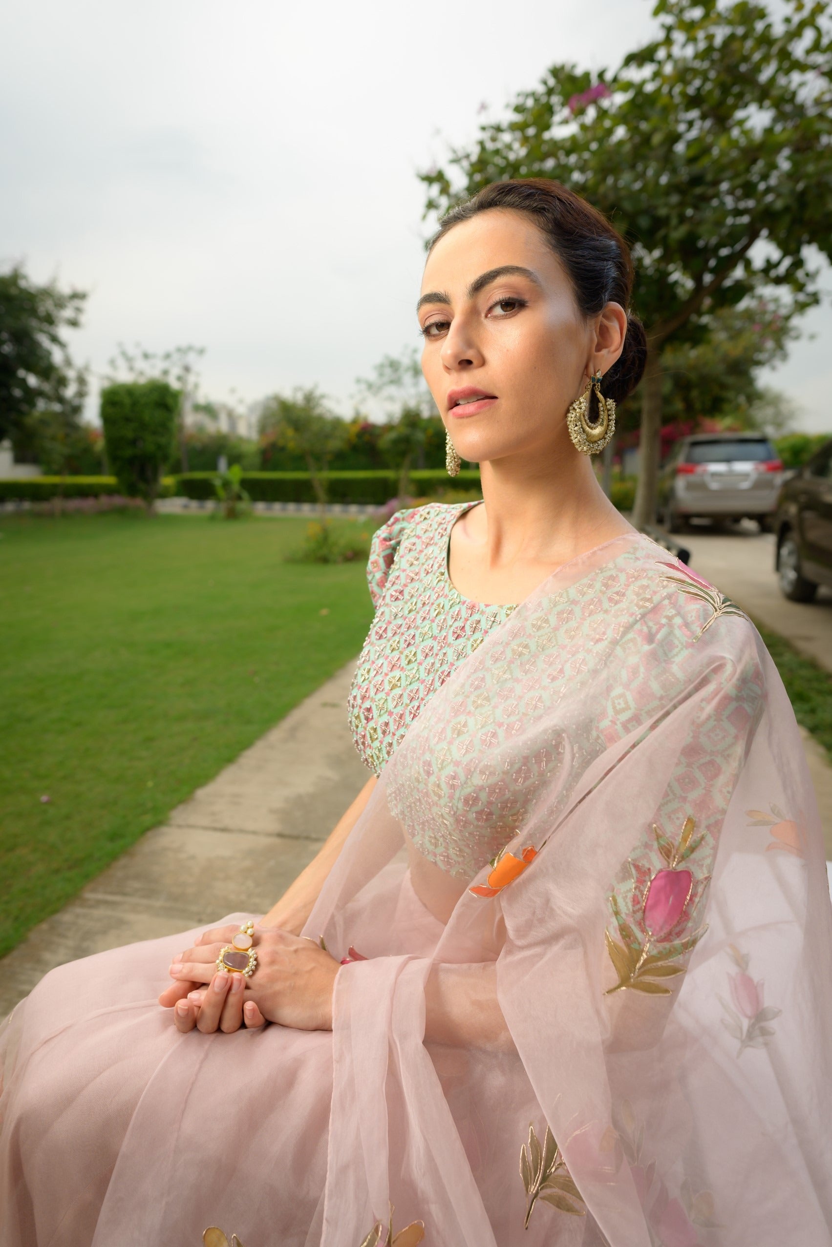 Embroidered blouse with organza lehenga, dupatta image 2