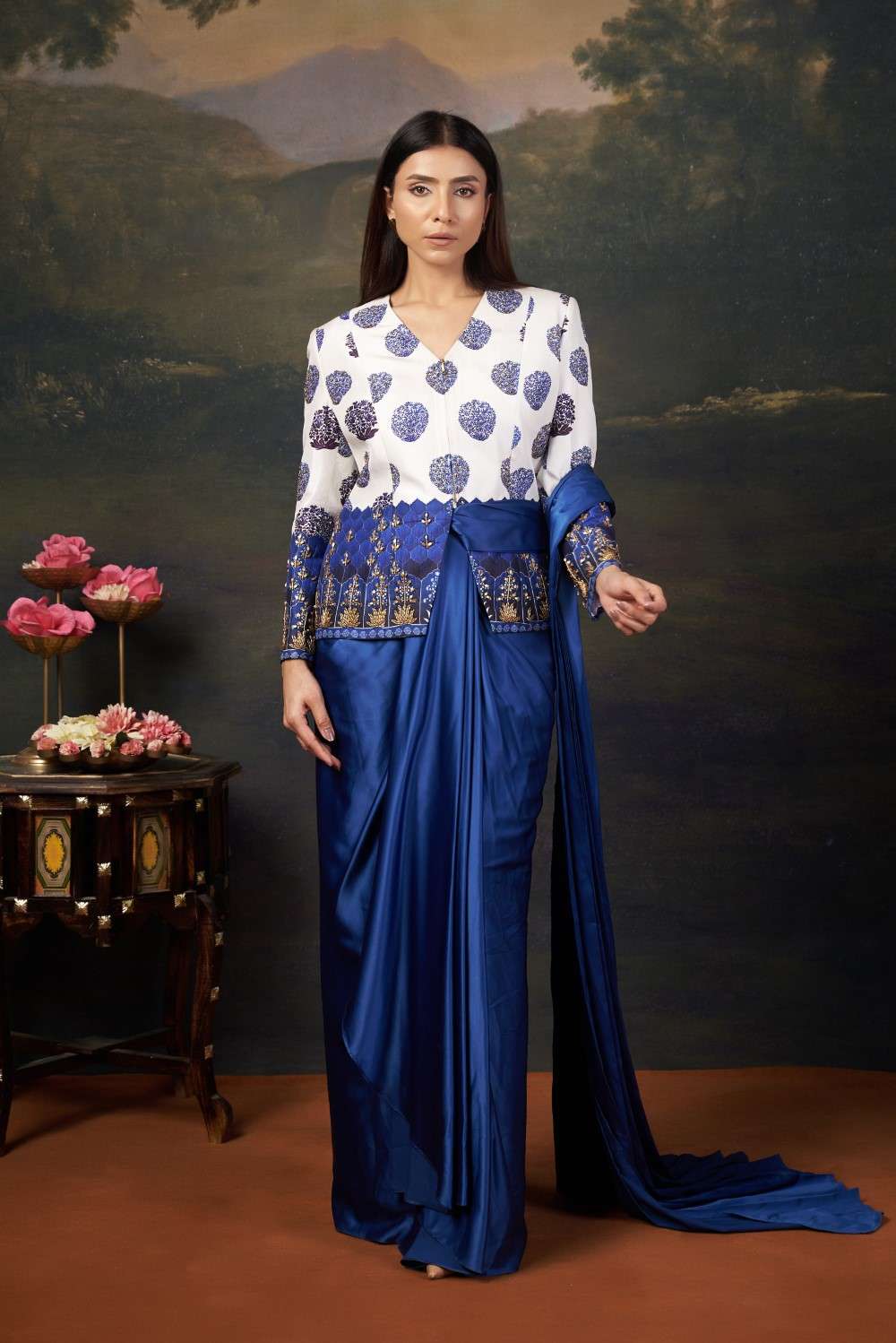 Celebrity Sapna Choudhary in Hand Embroidered Coat With Pre-Draped Saree image 4