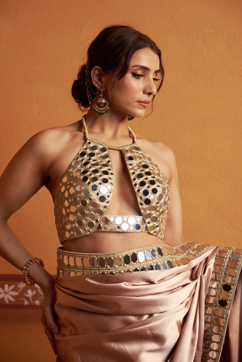 Clay tone fully hand embroidered blouse with mirror work border saree image 1