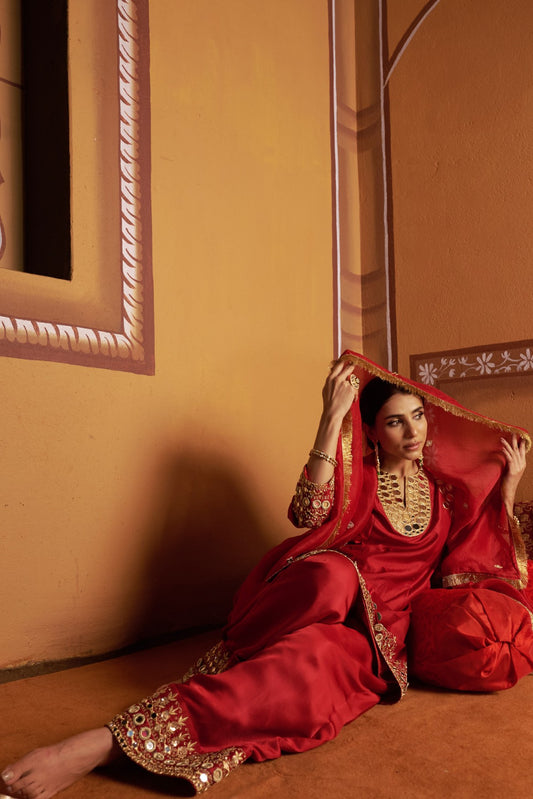 Mirror work hand embroidery red kurta set image 1