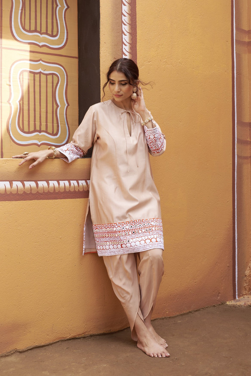 half and half beige kurta with tulip pants image 7