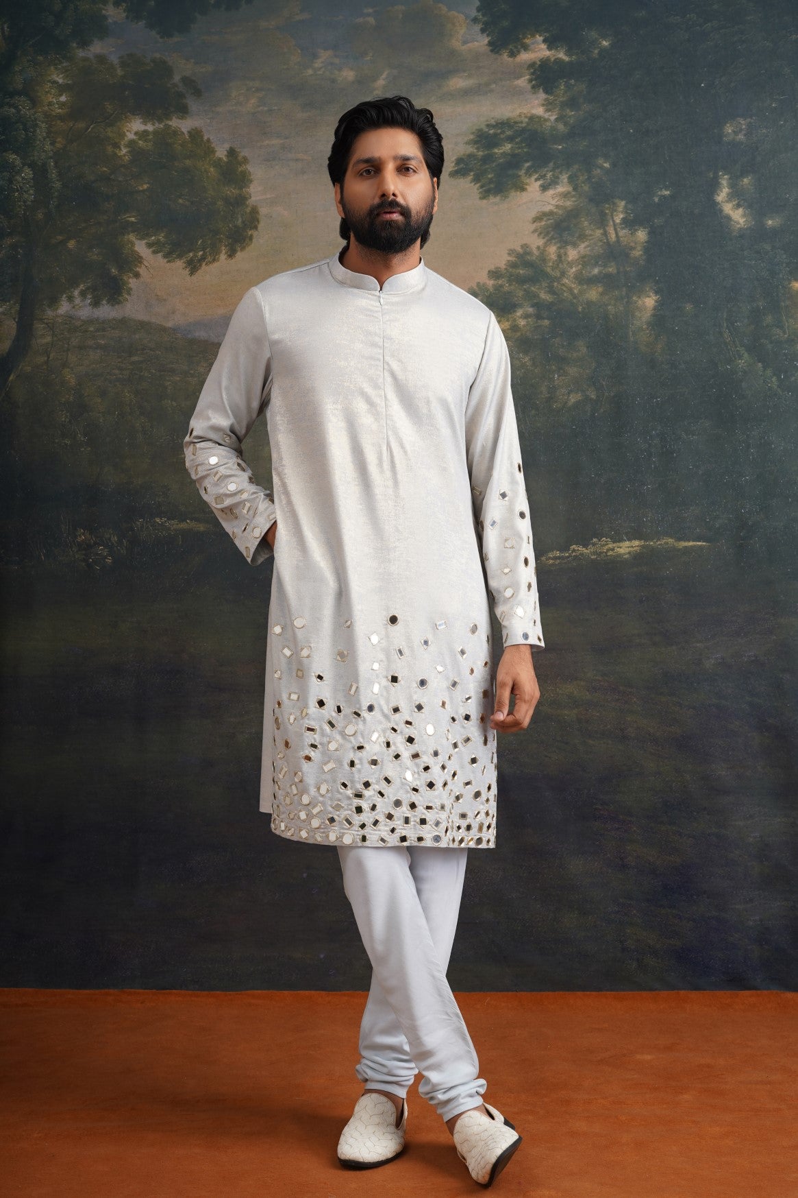 Silver ash Hand-Embroidered Mirror Work Kurta Set image 5