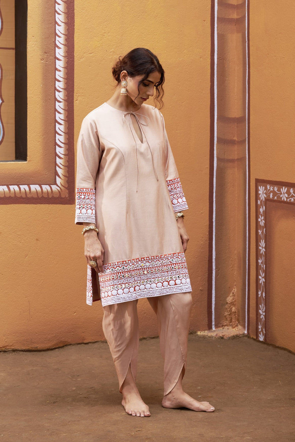 half and half beige kurta with tulip pants image 5