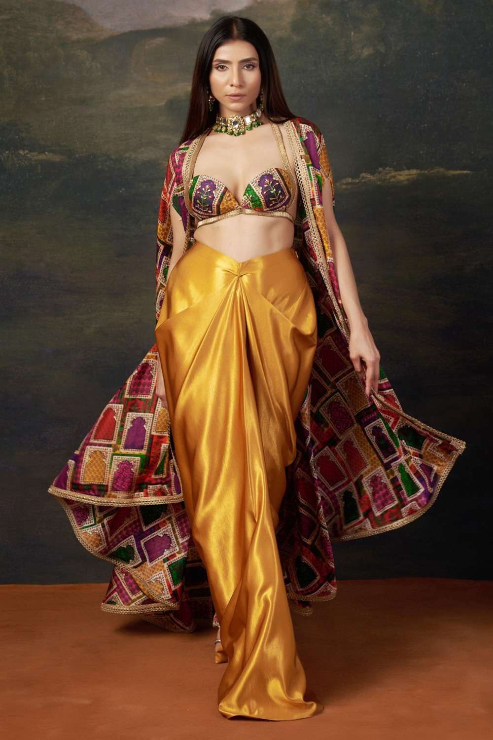 Bold Bralette Blouse with Embellished Handwork, Cape & Dhoti image 0