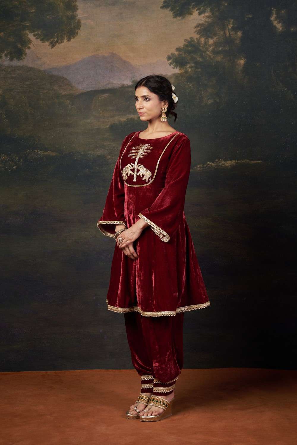 Hand-Embroidered Velvet Red Kalidar Anarkali Set image 4