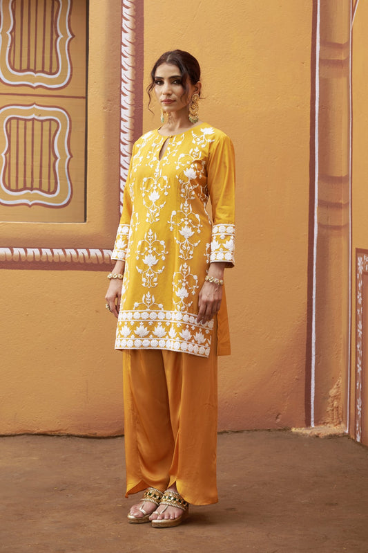 Lotus motif thread work golden yellow kurta set image 1