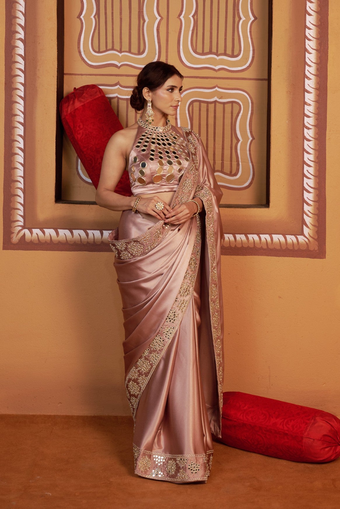 Sun ray hand embroidered blouse with mirror work border saree image 7