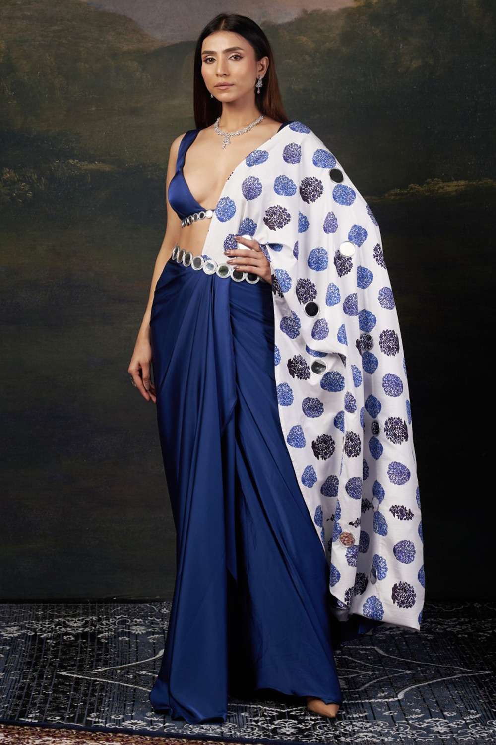 Mirror Work Blouse with Pre-Draped Buuti Print Saree image 0