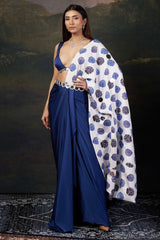 Mirror Work Blouse with Pre-Draped Buuti Print Saree image 0