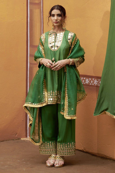 Mirror work hand embroidery green kurta set image 0