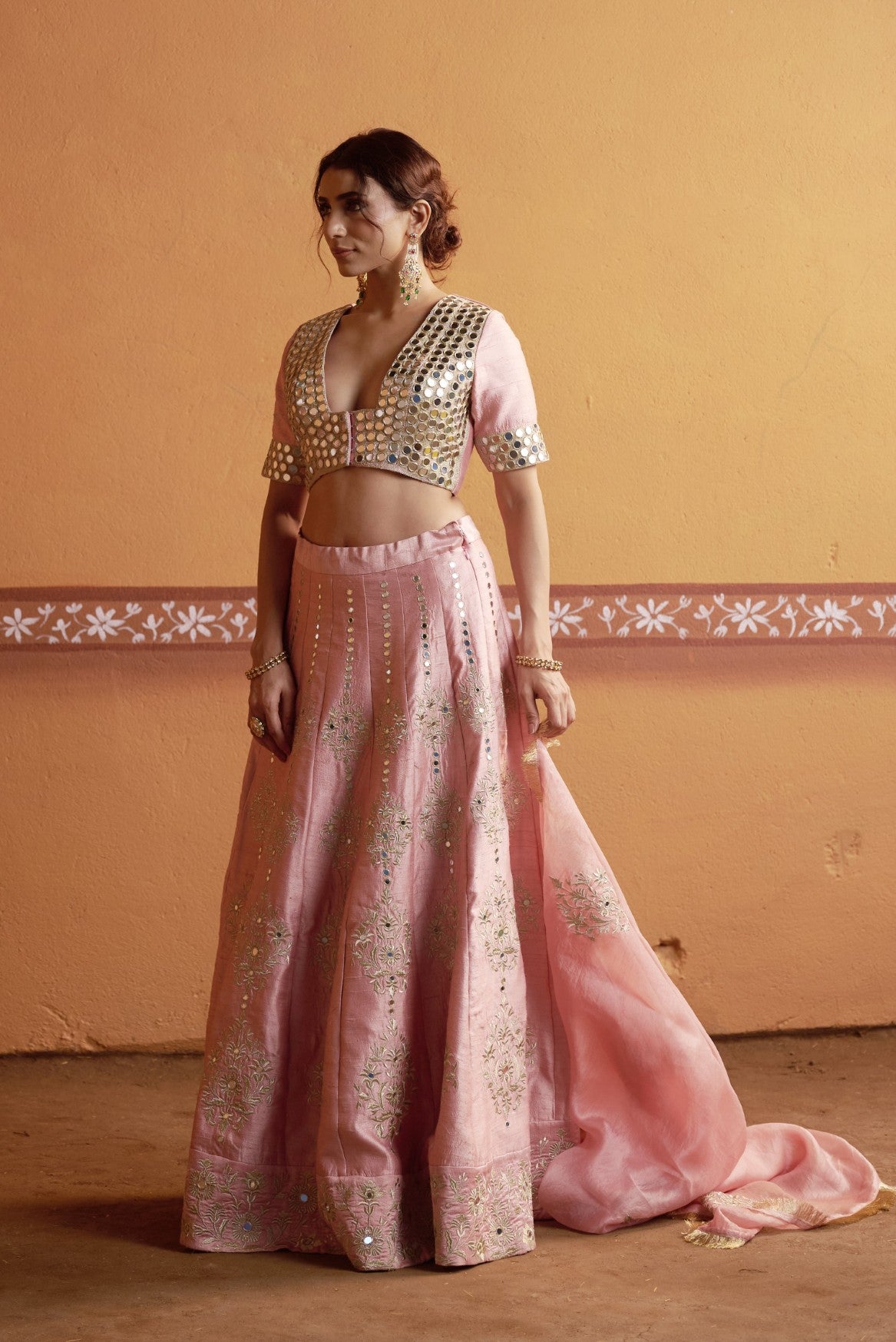 Kalidar blush pink hand embroidered lehenga with blouse and dupatta image 8