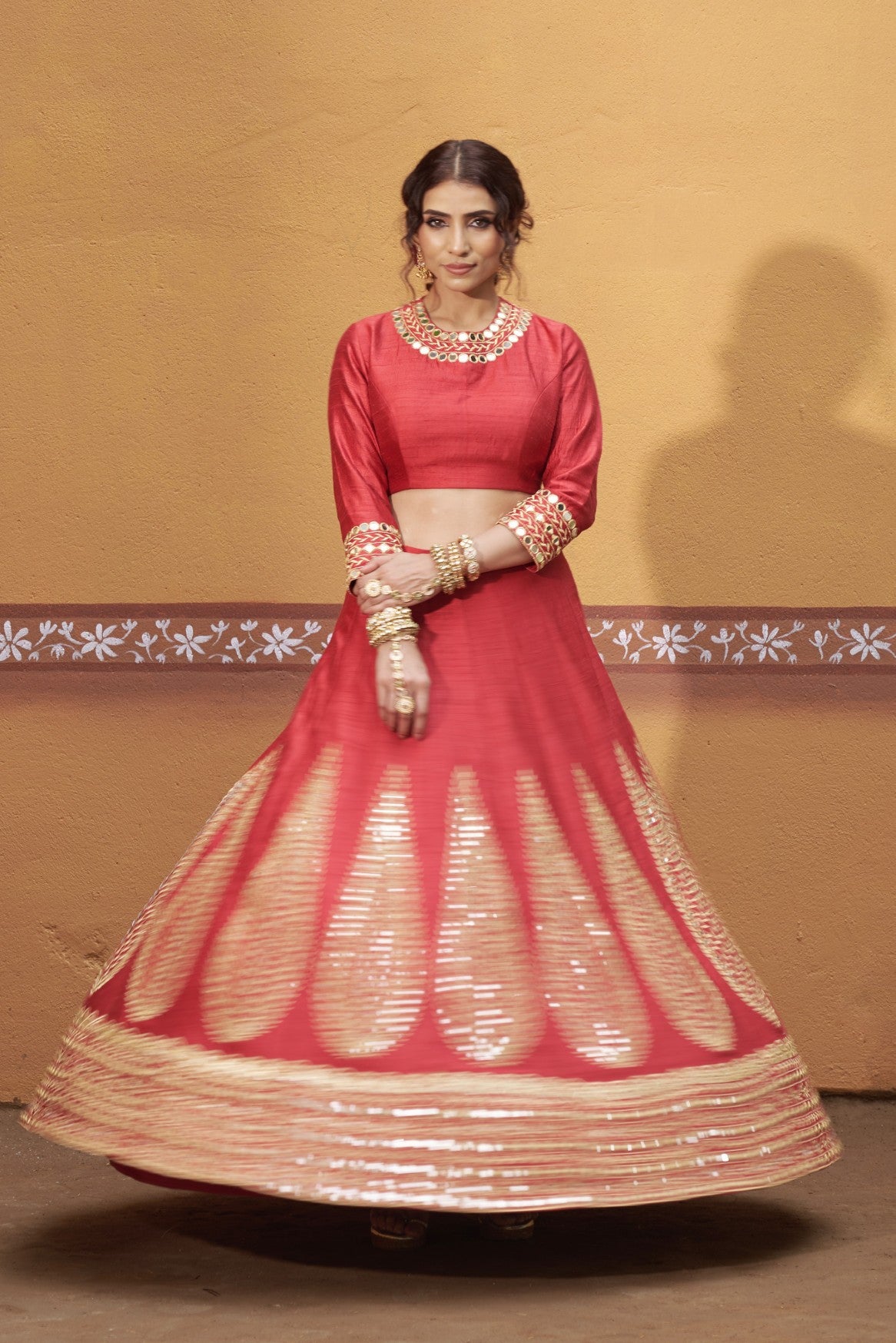 Kalidar red hand embroidered lehenga with blouse and dupatta image 5