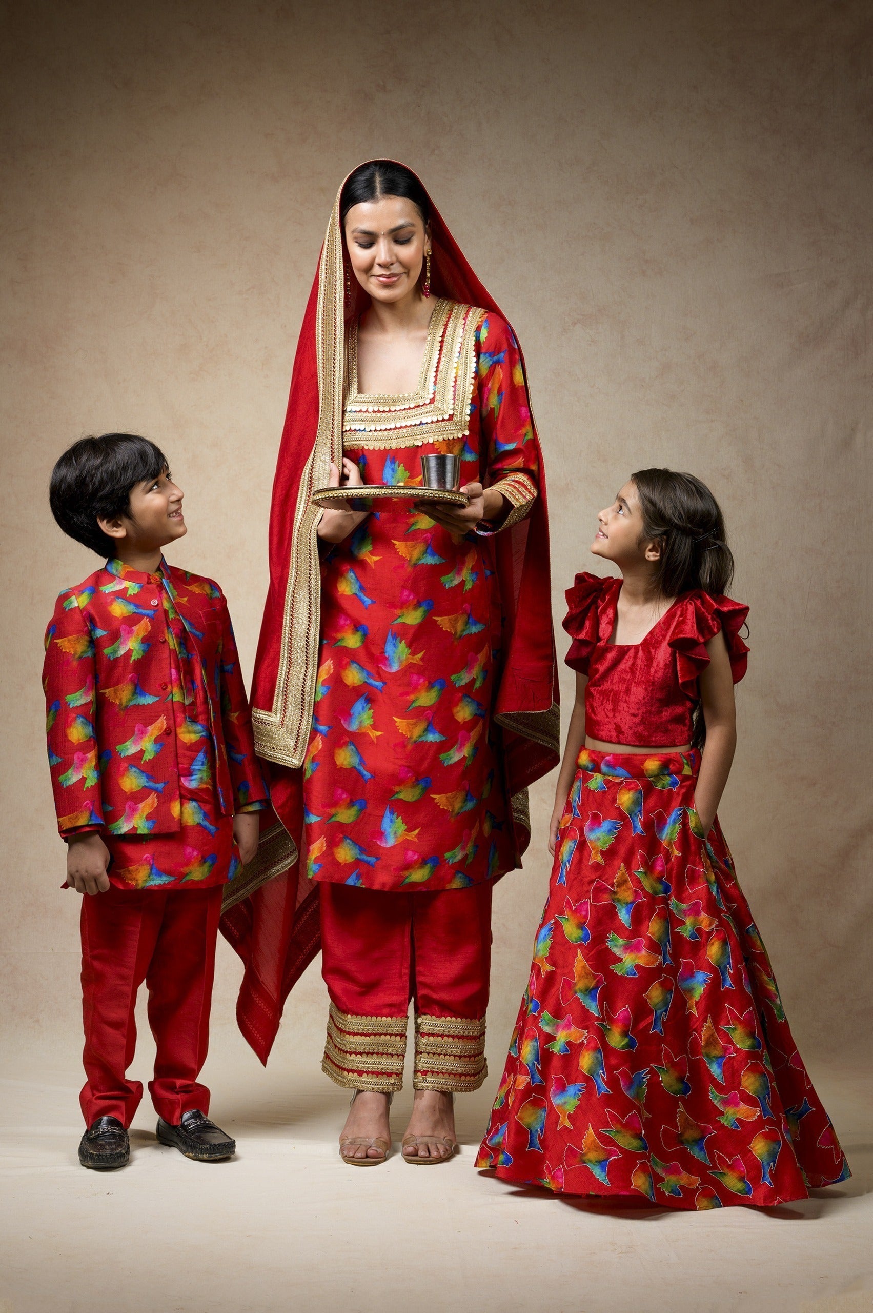 Birds print twinning set for Mom + Daughter + Son image 0