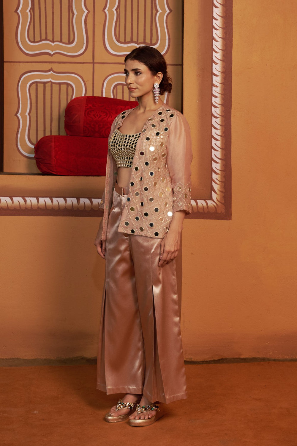 Mirror work Bustier with hand embroidered jacket and pants image 6