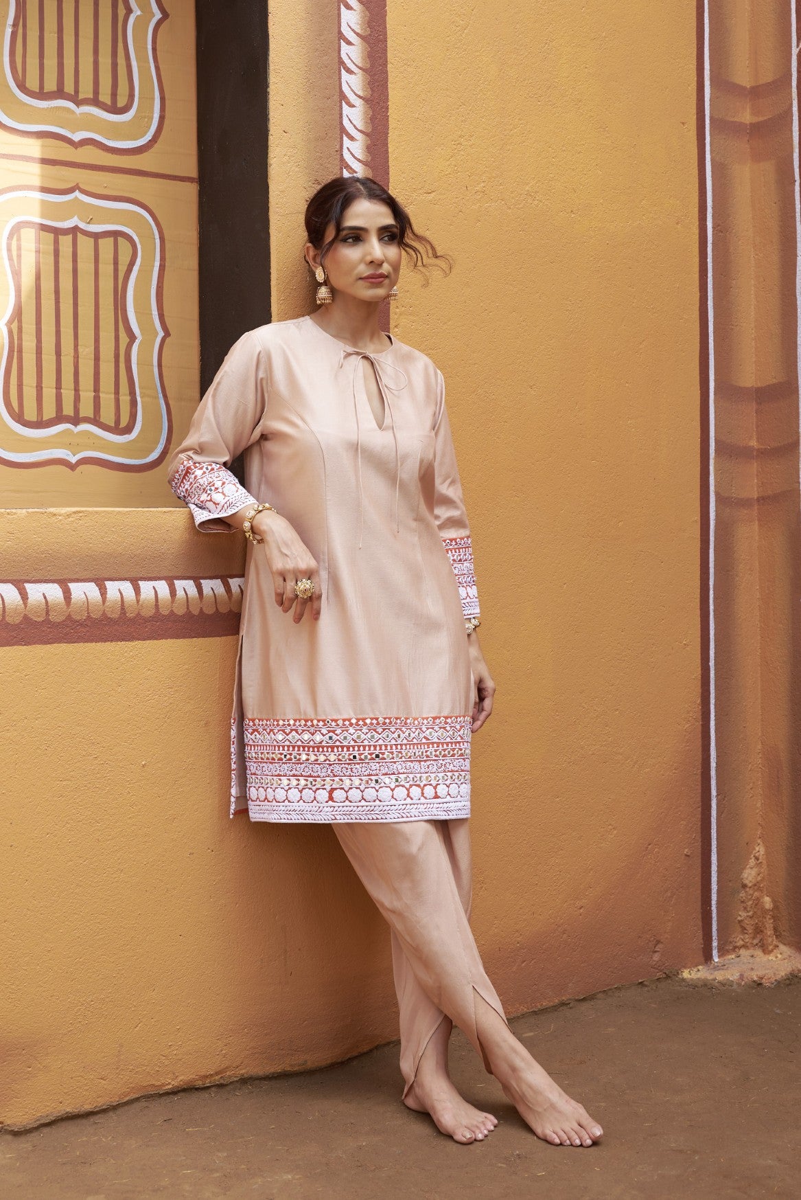 half and half beige kurta with tulip pants image 1