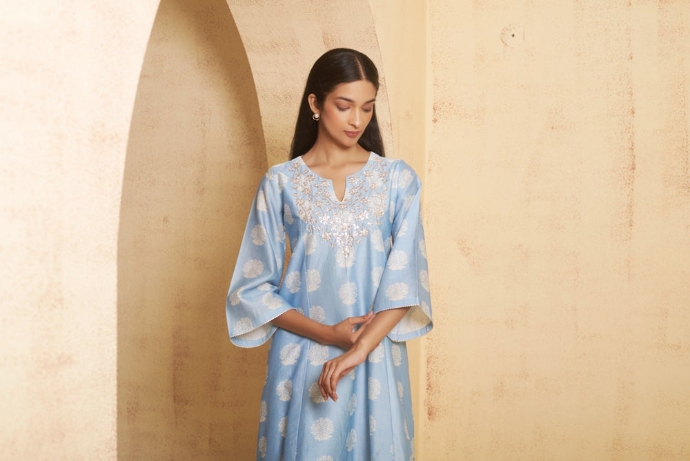 Hand Embroidered Short Anarkali with tulip pant image 5