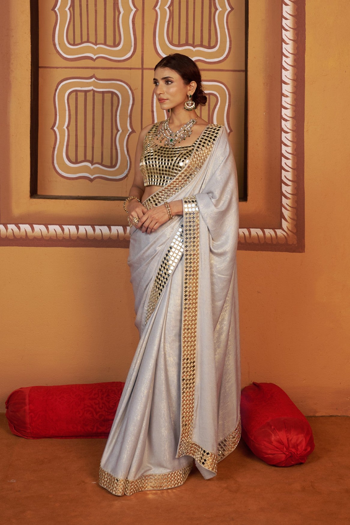 Hand embroidered mirror blouse with saree image 4