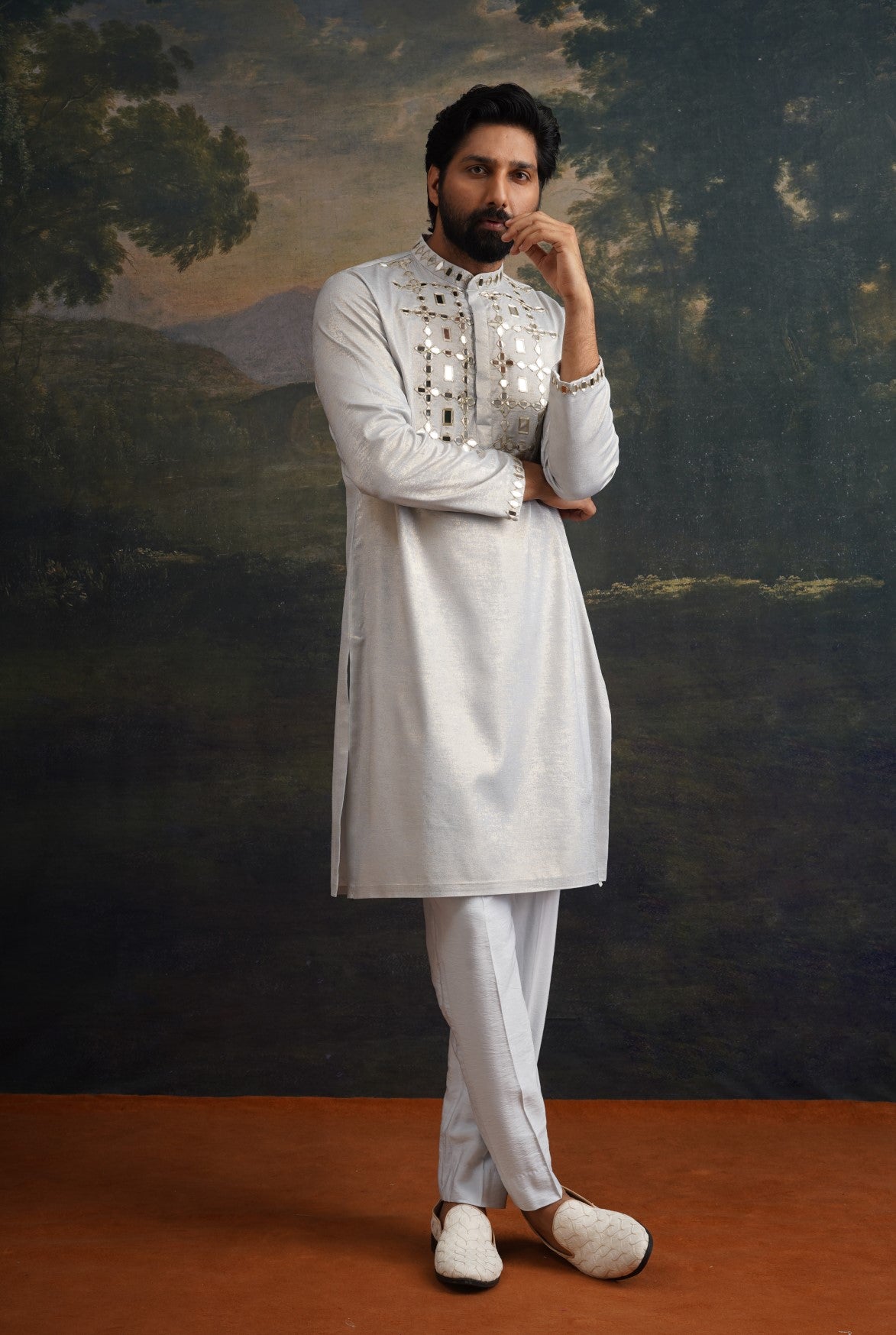 Ice grey gold hand emroidered kurta set image 5