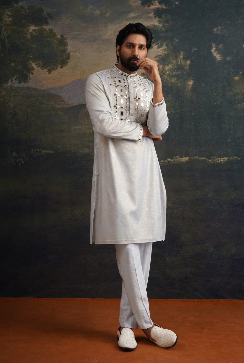 Ice grey gold hand emroidered kurta set image 5