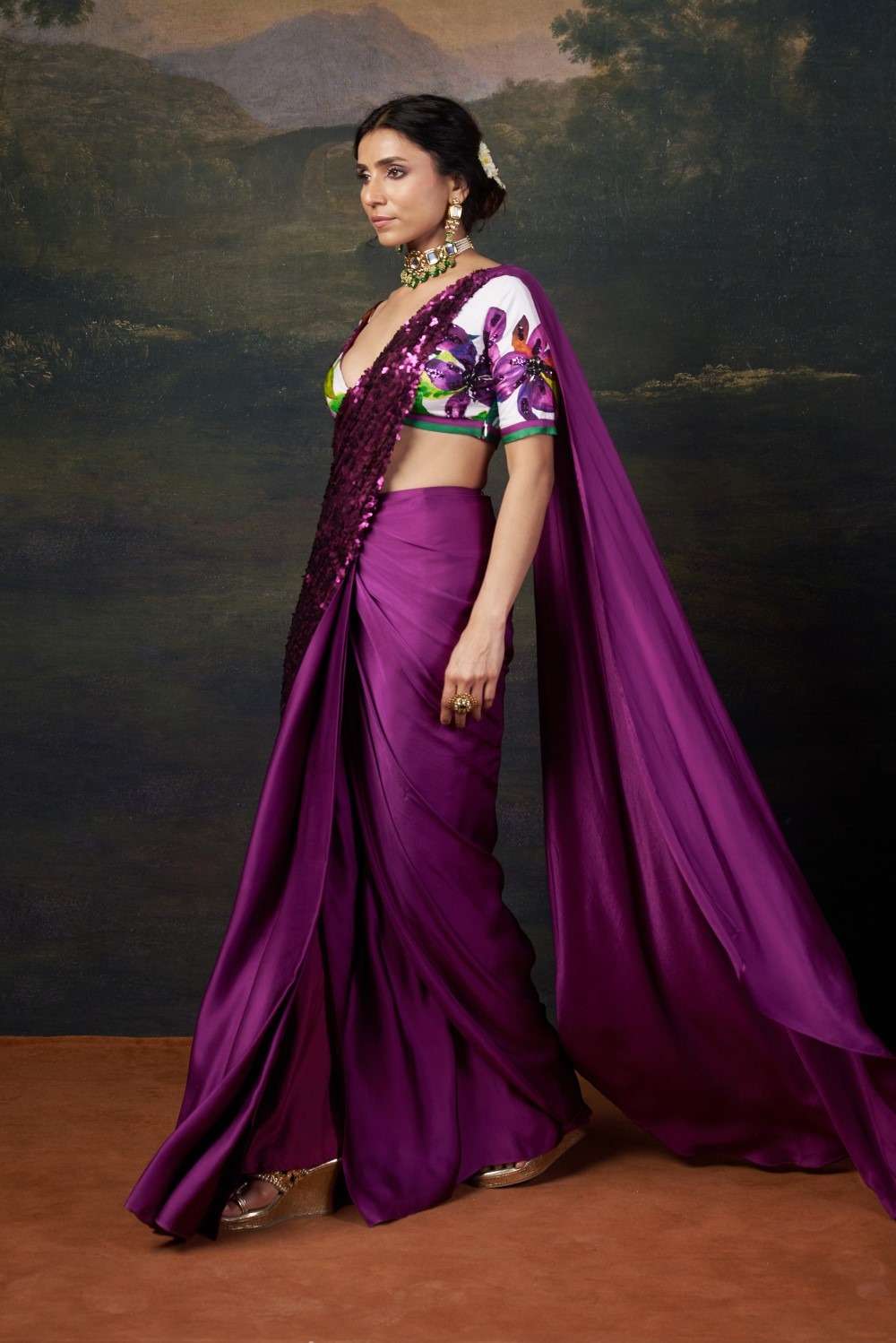 Hand-Embroidered Pre-Draped Saree with Abstract Floral Print image 3