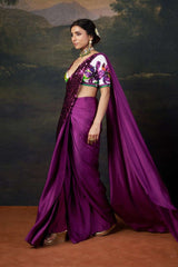 Hand-Embroidered Pre-Draped Saree with Abstract Floral Print image 3
