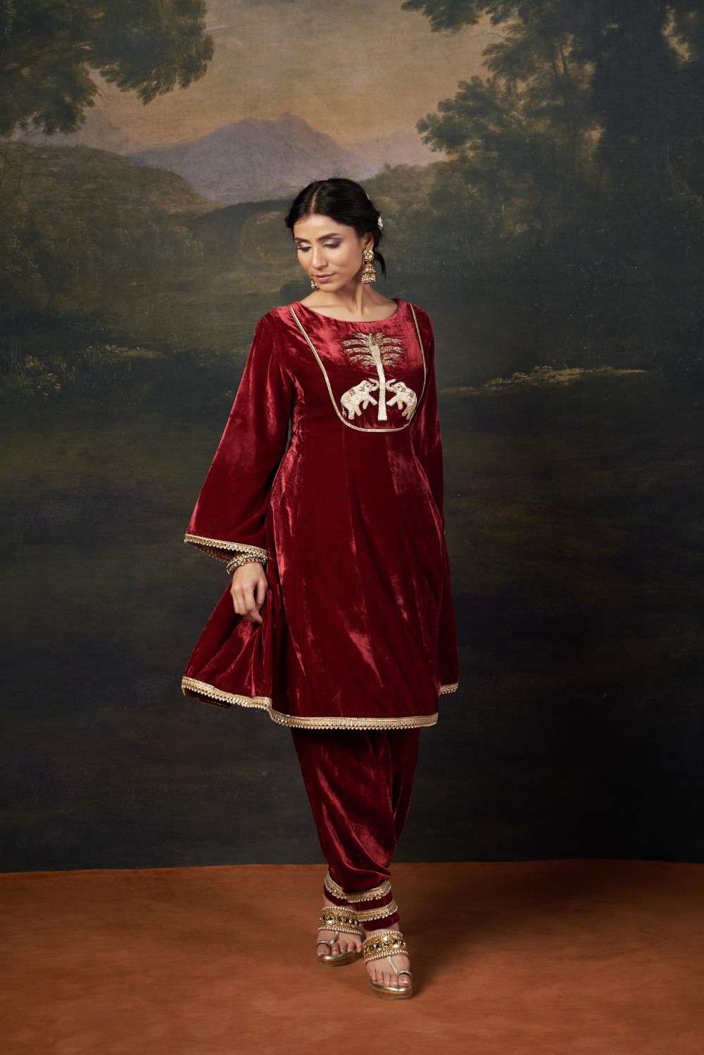Hand-Embroidered Velvet Red Kalidar Anarkali Set image 3