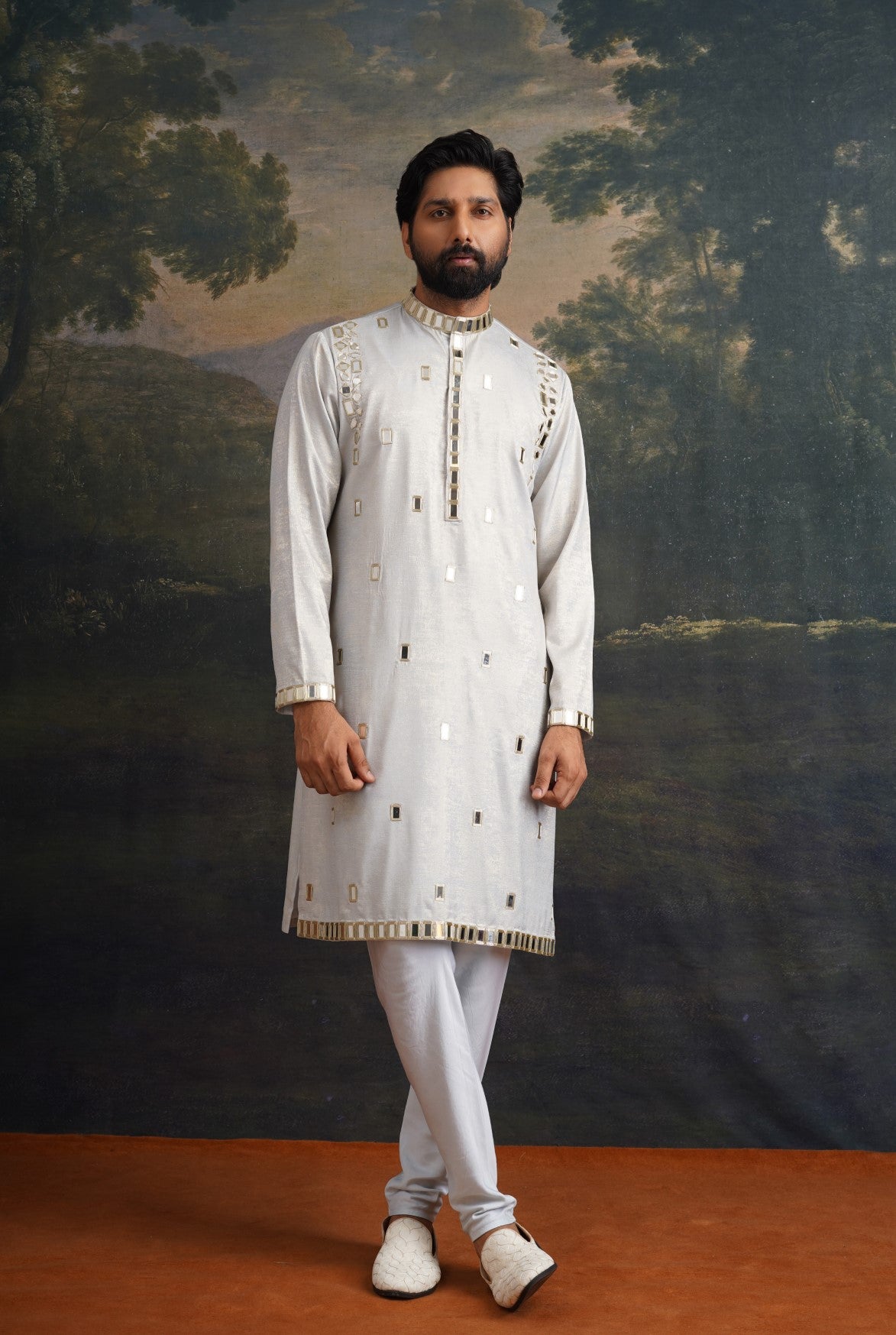 Frost grey gold fully hand embroidered mirror kurta set image 3