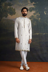 Frost grey gold fully hand embroidered mirror kurta set image 3