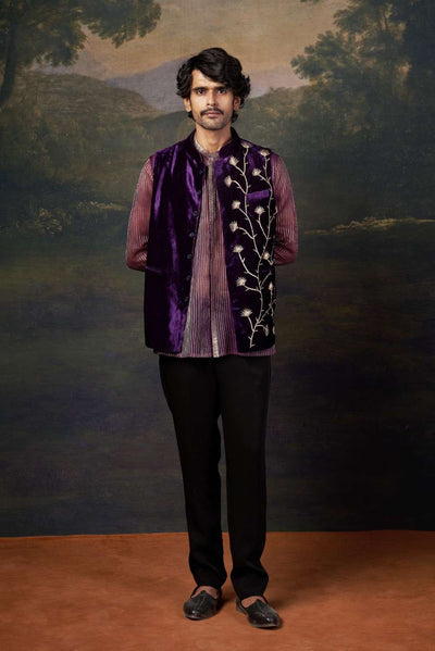 Hand-Embroidered Nehru Jacket with embrodiered organza shirt and pants image 2