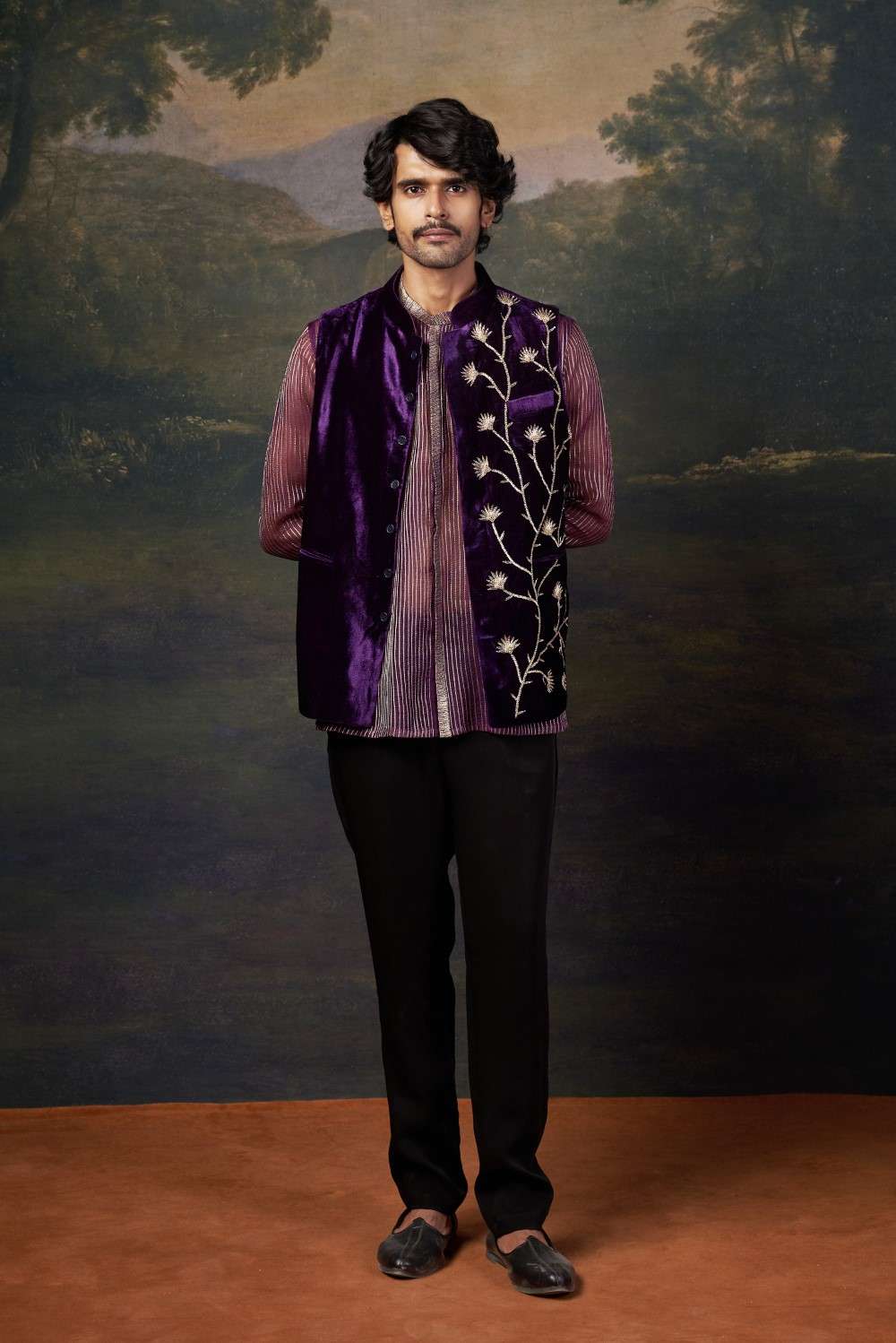 Hand-Embroidered Nehru Jacket with embrodiered organza shirt and pants image 2